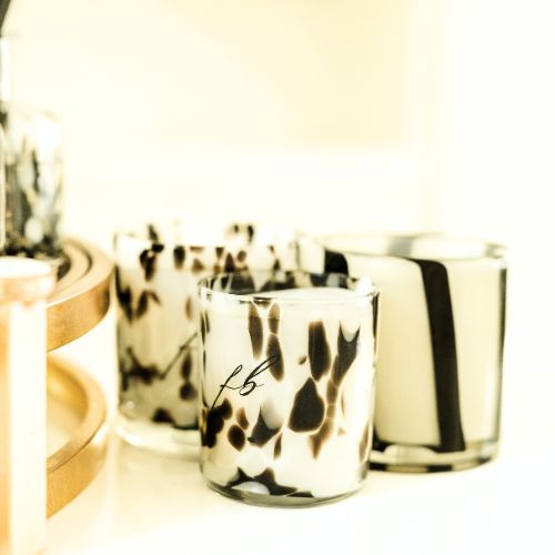Stylized photo of Dalmation and Black Striped candle vessels by The First Burn Candle Co