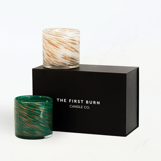 Candle Duo Holiday Gift Box Green and Gold Candles and Box by The First Burn Candle Co.