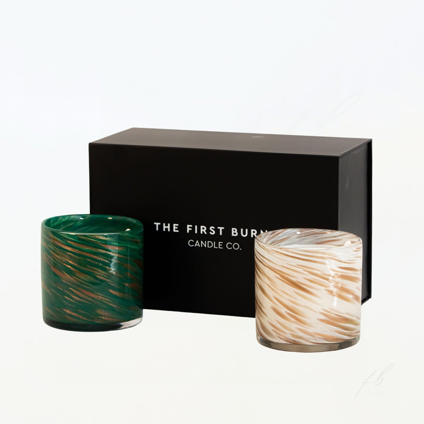 Candle Duo Holiday Gift Box Green and Gold Candles and Box by The First Burn Candle Co.