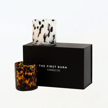 Candle Duo Holiday Gift Box Leopard and Dalmatian Candles and Box by The First Burn Candle Co.