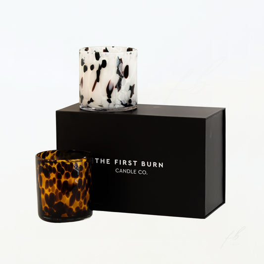 Candle Duo Holiday Gift Box Leopard and Dalmatian Candles and Box by The First Burn Candle Co.